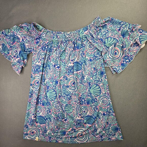 Simply Southern Shirt Womens L Blue Pink Seashell Print Off Shoulder Summer Top - Picture 1 of 10